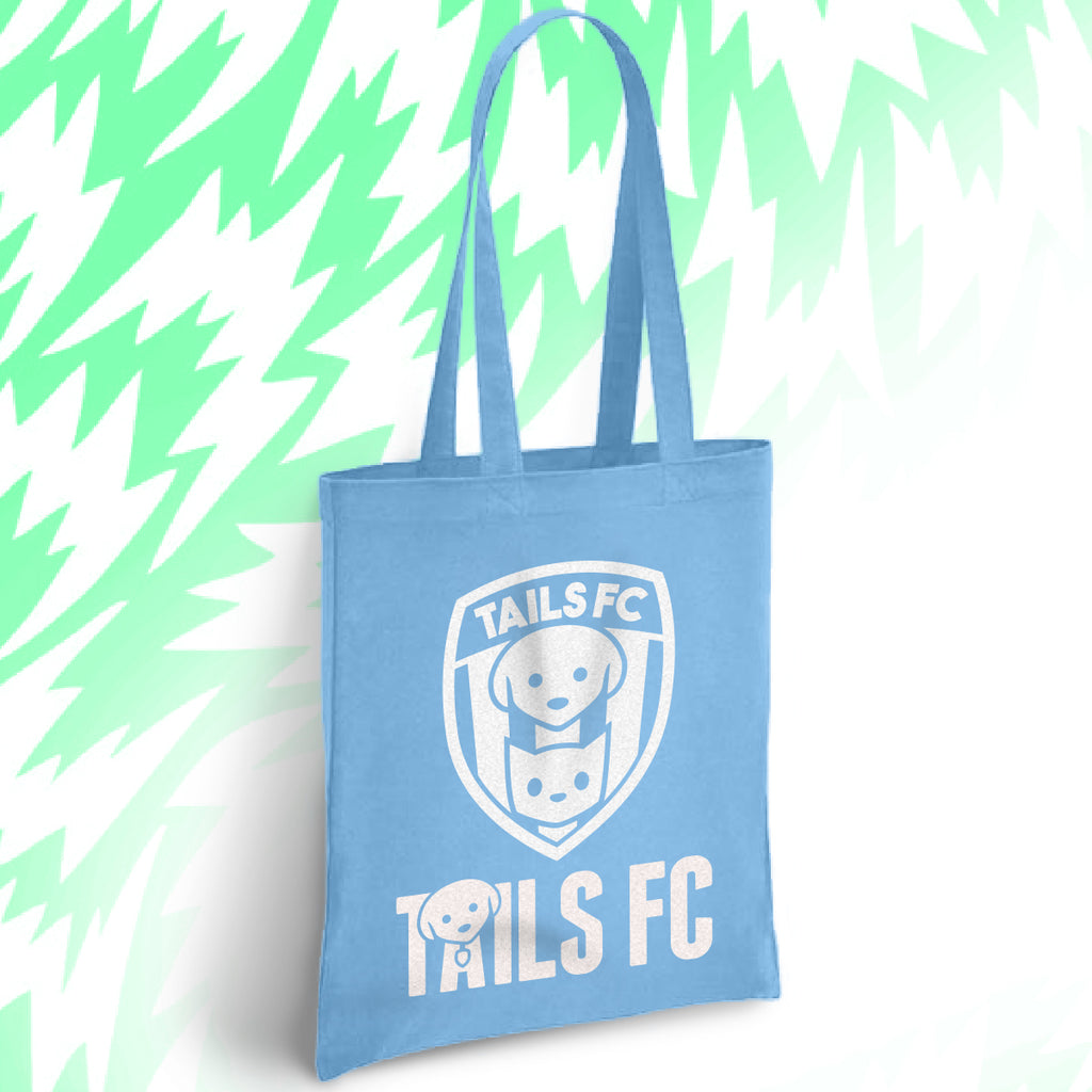 Blue tote bag with 'TAILS FC' logo on a white background