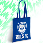 Blue tote bag with 'TAILS FC' logo on a light green background