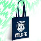 Navy tote bag with 'TAILS FC' logo on a light green background