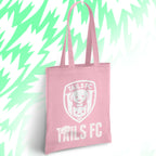 Pink tote bag with 'TAILS FC' logo on a light green abstract background