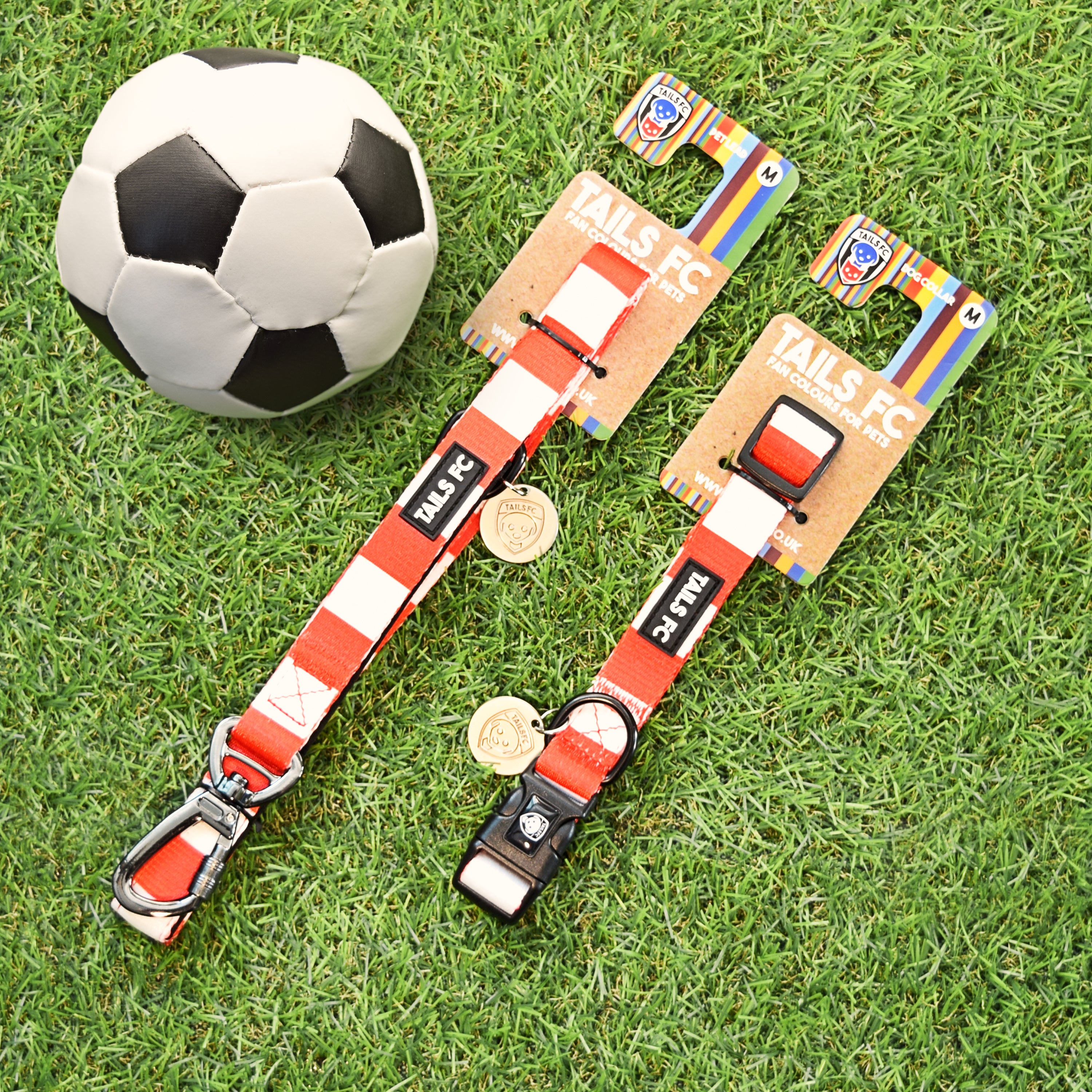 Wales Dog Set - Red & White Stripe Football Dog Collar and Leash Set